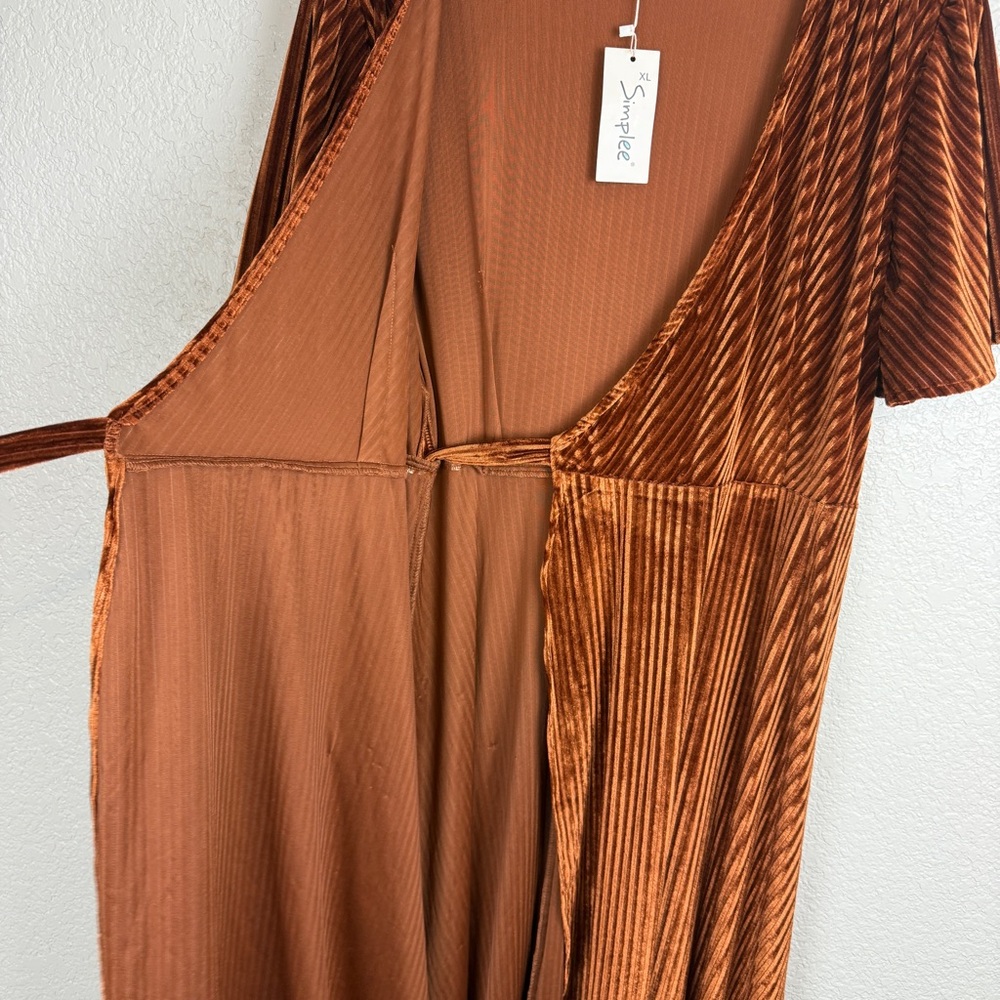 Boho Butterfly Sleeve Full Wrap Ribbed Velvet Dress Copper Rust XL Earthy NWT - Picture 6 of 11
